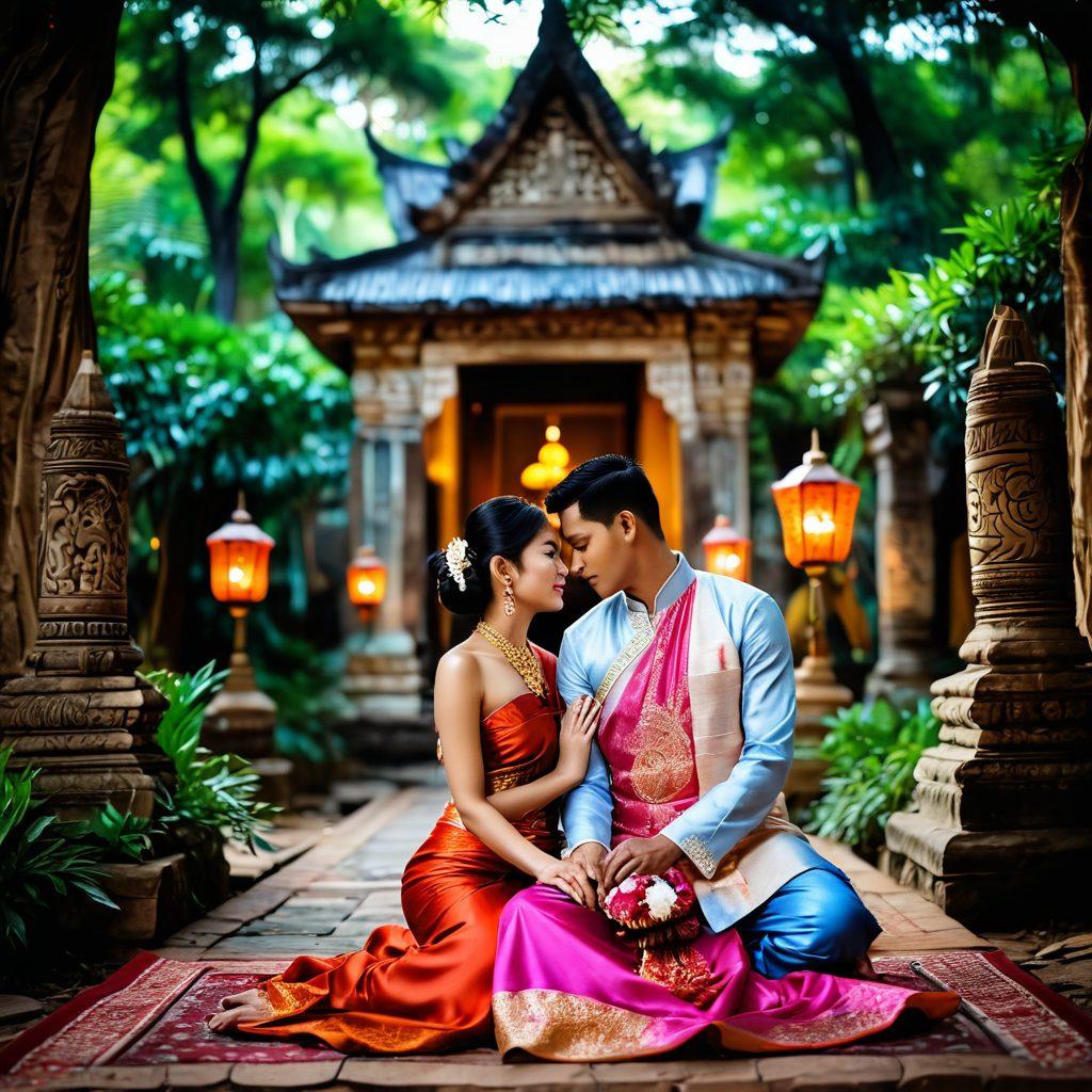 A captivating scene depicting a traditional Khmer couple in an intimate moment, surrounded by lush greenery and ancient temples, symbolizing the rich heritage of Khmer romance. Include vibrant traditional attire adorned with intricate patterns, and soft lighting to evoke warmth and passion. In the background, incorporate subtle elements of Cambodian culture, such as lanterns and flowers, blending tradition with connection. super-realistic. vibrant colors. serene atmosphere.