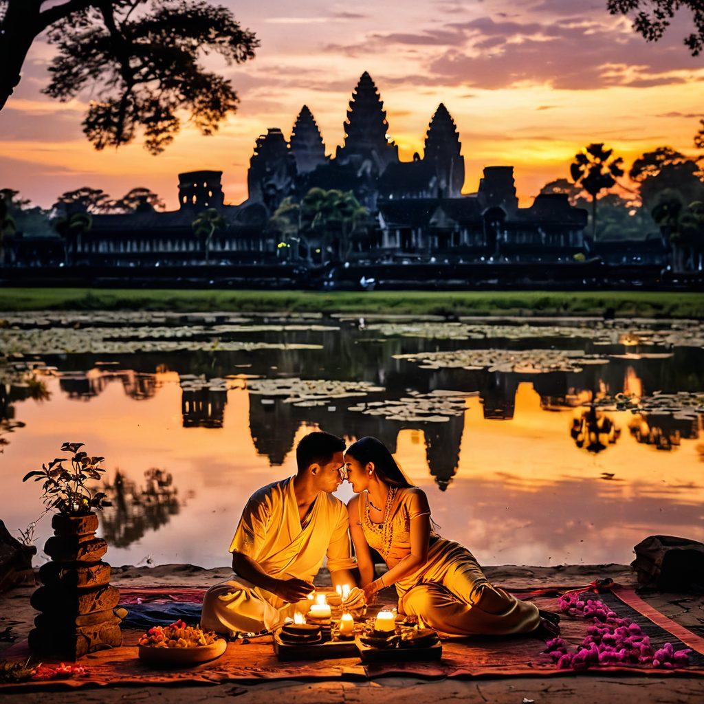 A romantic setting depicting a couple in traditional Khmer attire sharing a tender moment amidst the stunning backdrop of Angkor Wat at sunset. Incorporate elements of modern romance, like a soft picnic spread with flowers, candles, and a mix of traditional and contemporary decorations. Highlight the intricate details of the Khmer architecture and the lush tropical scenery around them. soft focus. vibrant colors. romantic ambiance.