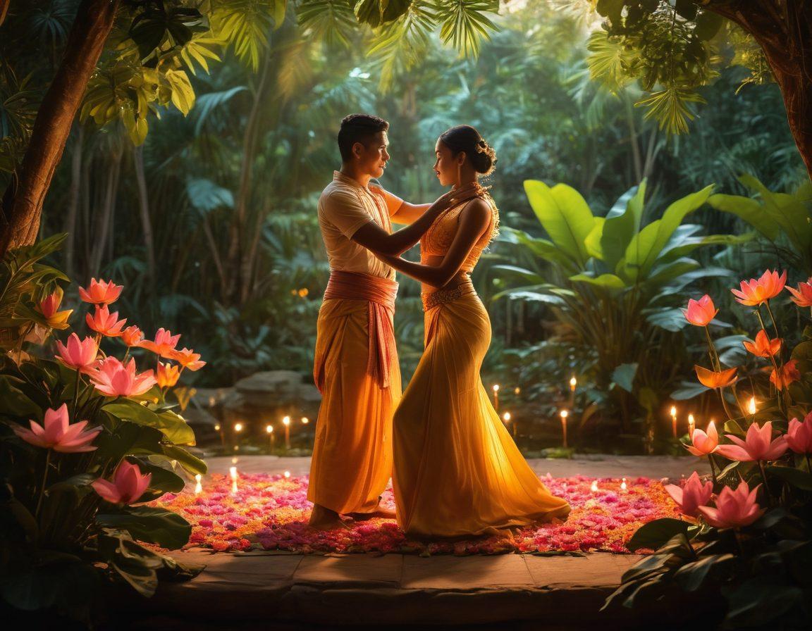 A tranquil scene depicting a couple in an intimate Khmer dance pose, surrounded by lush tropical foliage and soft candlelight. The dancers are adorned in elegant, traditional Khmer attire, showcasing intricate patterns and vibrant colors. Some delicate lotus flowers float nearby, symbolizing beauty and spirituality, while warm, glowing light filters through the leaves, illuminating their graceful movements. Captured in a romantic and ethereal atmosphere, evoking a sense of desire and connection. super-realistic. vibrant colors. warm ambiance.